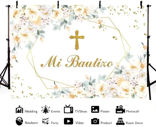 Miniatura 2 de AIBIIN Telón de fondo Mi Bautizo de 7 x 5 pies para niña, diseño floral amarillo y blanco, para fotografía de bautismo, puntos dorados