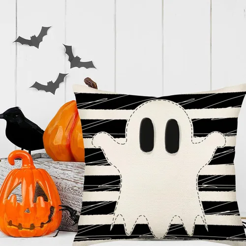 Miniatura 3 de Funda de almohada de fantasma de Halloween de 16 x 16 pulgadas, rayas blancas y negras con espeluznantes fundas de almohada de lino y algodón