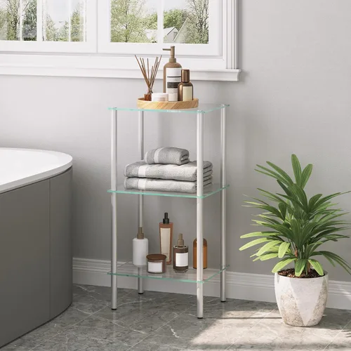 Miniatura 5 de HOOBRO Estante de cristal, unidad de estante de pie de baño de 3 niveles, estante de vidrio templado para espacio pequeño, organizador de soporte