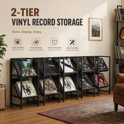 Miniatura 4 de Soporte de almacenamiento de discos de vinilo de metal negro de 2 niveles para colección Conceptual Design, Sturdy Black Metal Frame, 2-Tier