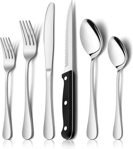 E-far Juego de cubiertos de 24 piezas con cuchillos para carne, cubiertos de acero inoxidable para 4, cucharas, tenedores, cuchillos para cocina del
