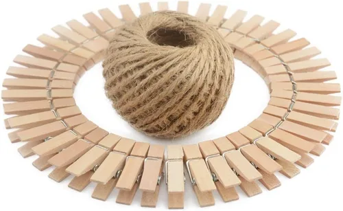 COOLAKE Alfileres de madera de 1.38 pulgadas, paquete de 100 mini clips de papel fotográfico con cordel de yute de 100 pies para fotos, cuerdas,