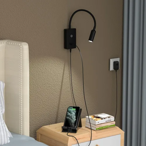 Miniatura 3 de Lámpara LED de pared regulable al tacto, lámpara de lectura LED flexible negra para dormitorio, 4 niveles de brillo (100% - 70% - 35% - 15%), Negro