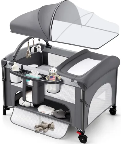 Miniatura 8 de Moisés de bebé 4 en 1 junto a la cama con configuración con una sola mano y colchón impermeable – Parque de juegos certificado por ASTM, corralito
