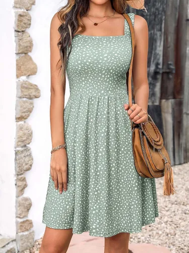 Miniatura 6 de HUHOT - Vestido casual de verano para mujer, con cuello cuadrado y bolsillo, bonito vestido por debajo de la rodilla, sin mangas, con cintura alta