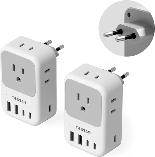 Miniatura 17 de Adaptador de enchufe de viaje para Italia, paquete de 2, adaptador de corriente TESSAN Italia con 4 tomacorrientes, 3 cargadores USB