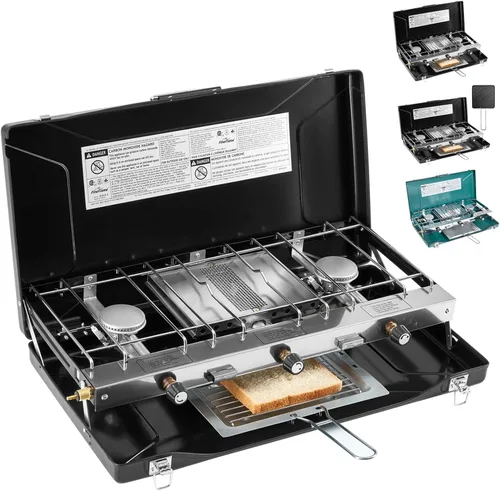 Miniatura 9 de FineFlame Estufa de campamento, estufa de campamento portátil de propano con regulador, botón de encendido instantáneo, quemadores ajustables
