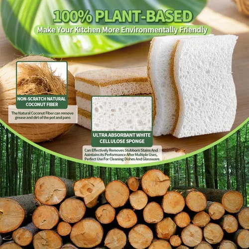 Miniatura 3 de Esponjas de cocina naturales biodegradables a base de plantas, esponja compostable de celulosa con fibra de coco, esponja de limpieza sin rayones