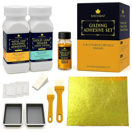 Miniatura 14 de Barnabas - Kit de dorado – 100 hojas de imitación de hoja de oro y hoja de plata, adhesivo dorado de 2.0 fl oz, sellador brillante 2.0 fl oz, 2