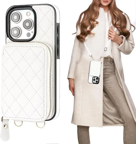 Bocasal Funda tipo cartera cruzada para iPhone 15 Pro, Bolso Cartera con Cremallera de Cuero PU con Bloqueo RFID, Funda Tipo Libro con Tapa Blanco