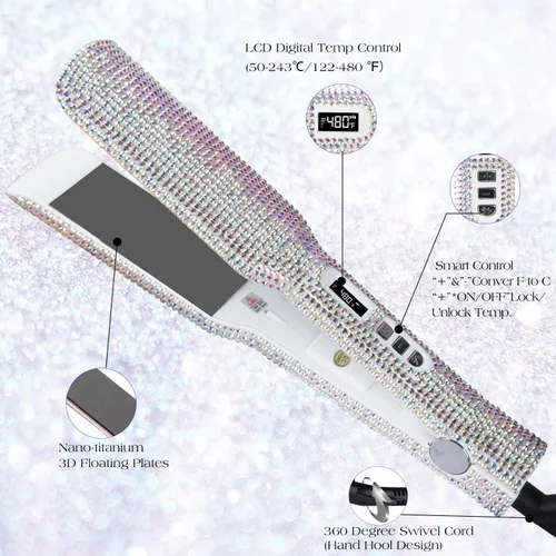 Miniatura 2 de DORISILK Crystal Diamond - Plancha de pelo de titanio, plancha plana de diamantes de imitación de 2 pulgadas, plancha alisadora de doble voltaje