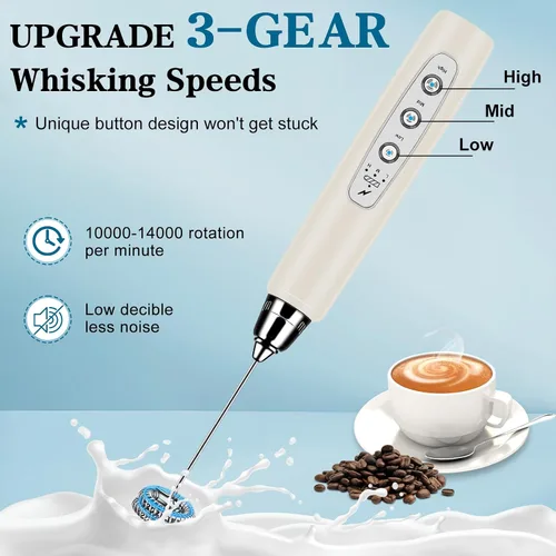 Miniatura 6 de BSRGMS Espumador de leche de mano para café, batidor eléctrico de 3 velocidades ajustables, mezclador de bebidas con 3 batidores de acero