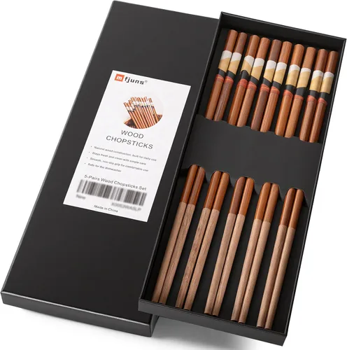 Miniatura 7 de MFJUNS Juego de 5 pares de palillos de madera, palillos reutilizables grabados con panda, palillos de palisandro/wengué/haya/madera de hierro, sin