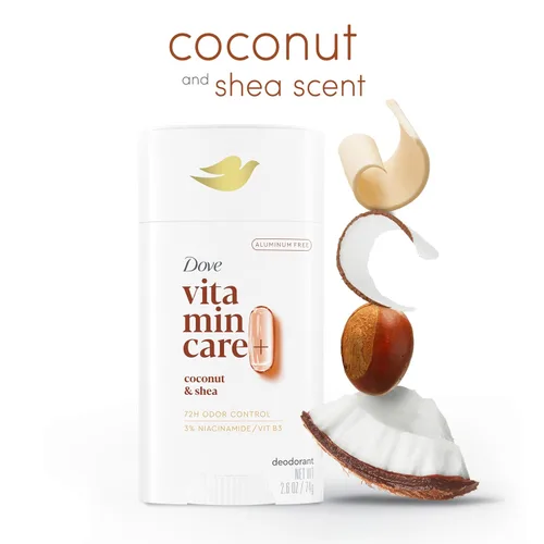 Miniatura 3 de Dove VitaminCare+ Desodorante en barra libre de aluminio para protección de olores 72H Desodorante transpirable de coco y karité para mujeres, 2.6