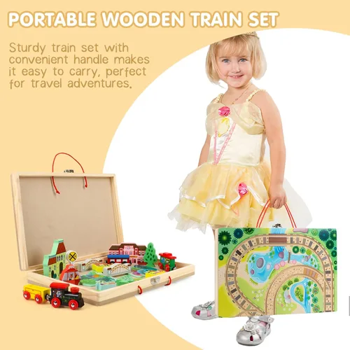 Miniatura 5 de Juego de tren de 18 piezas para niños pequeños, ferrocarril de mesa de madera para niños a partir de 3 años, juguetes de tren portátiles y duraderos