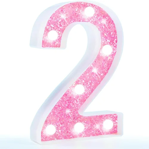 Miniatura 55 de Pooqla Luces de números de marquesina, números de luz rosa para niñas de 10.º cumpleaños, funciona con pilas, luz nocturna de número con purpurina