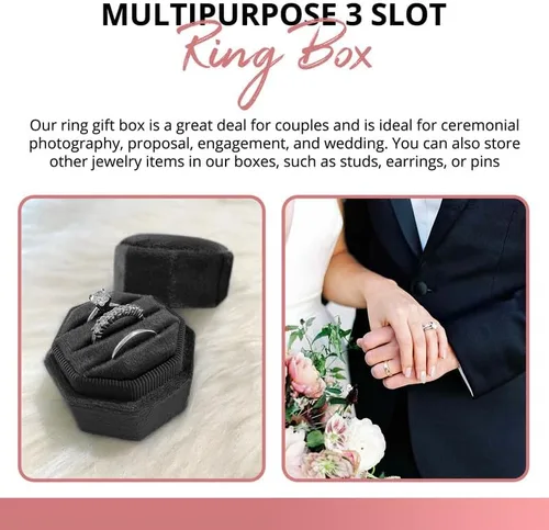 Miniatura 6 de Caja de terciopelo para anillos de alta calidad para ceremonia de boda con tapa desmontable, elegante y bonita caja para anillos de boda, 3 ranuras