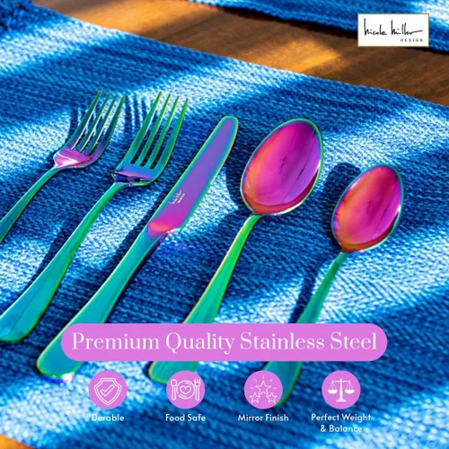 Miniatura 4 de Nicole Miller - Juego de cubiertos de 20 piezas, diseño de arcoíris, modernos utensilios de cocina de acero inoxidable para un comedor elegante