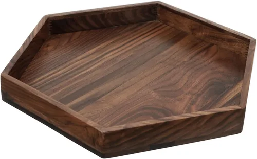 Bandeja otomana pequeña hexagonal de madera de nogal negro de 12 pulgadas con asas, sirve té, bandeja decorativa de madera clásica para servir café