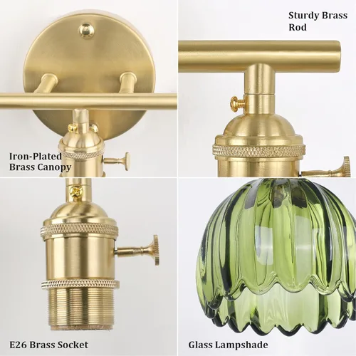 Miniatura 7 de Shenmoyl Accesorios de iluminación de baño, lámpara de pared de latón de 3 luces sobre espejo con pantalla de vidrio en forma de tulipán verde