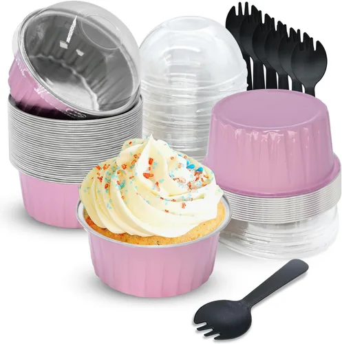 Miniatura 10 de Moldes desechables dorados, 30 unidades, 5 onzas, mini tazas de aluminio para hornear con tapas, forros para cupcakes de crema brulee, moldes