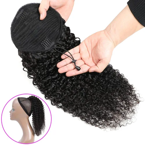 Miniatura 3 de Adette Colas de caballo rizadas de 12 pulgadas, extensiones de cabello humano con cordón, extensiones de cabello rizado con clip en cola de caballo