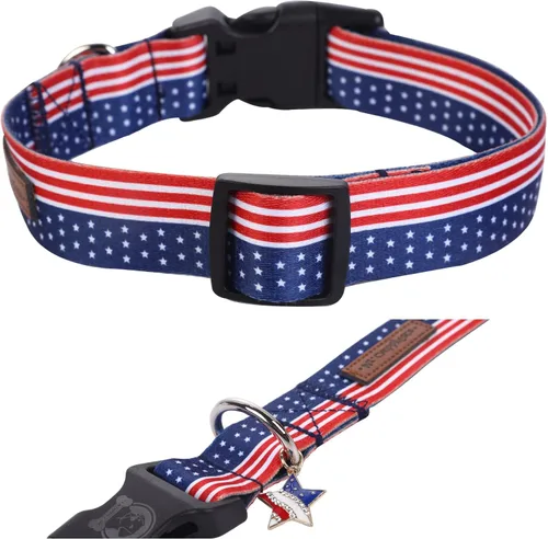 Miniatura 2 de MR. CHUBBYFACE - Collar ajustable para perro con la bandera estadounidense del 4 de julio, collar para el día de la independencia, rojo, blanco