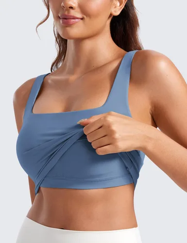 Miniatura 35 de CRZ YOGA Butterluxe Brasier deportivo de cuello cuadrado para mujer, estilo camiseta corta sin mangas, acolchado con soporte integrado para yoga