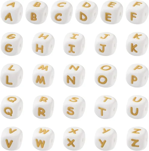 Miniatura 15 de FASHEWELRY 36 cuentas de silicona redondas del alfabeto A-Z, cuentas focales de goma de vaca para pulseras, collares, llaveros, fabricación de joyas