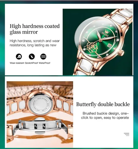 Miniatura 4 de OLEVS Reloj de pulsera para mujer oro rosa elegante de cerámica para mujer de cuarzo acero inoxidable impermeable luminoso