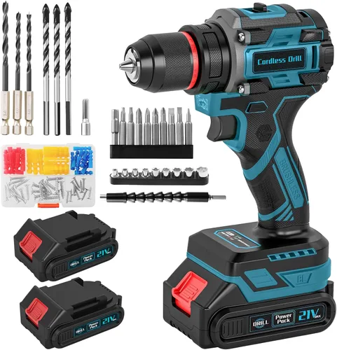 Miniatura 9 de Taladro inalámbrico, taladro eléctrico sin escobillas de 21 V con doble paquete de potencia de 2.0 Ah y cargador, juego de taladros eléctricos