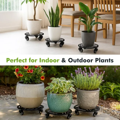 Miniatura 5 de 1 paquete de 30 cm de gran organizador de plantas de metal con 3 ruedas de PU metálicas, soporte rodante para plantas con ruedas para interiores
