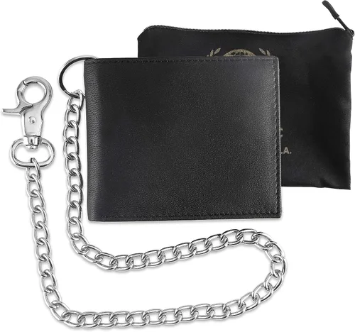 Miniatura 6 de F&L CLASSIC Cartera de cadena de acero de cuero vacuno con bloqueo RFID para hombre, estilo bi-fold, Negro -, Cartera RFID