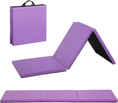 Miniatura 8 de Colchoneta de gimnasia portátil plegable de 4 x 8/2 x 6 pies, tapete de ejercicio de piel sintética con asas de transporte para entrenamiento en Rosa