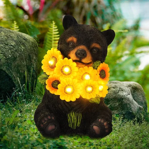 Luces solares de jardín para exteriores, estatuas de oso negro con girasoles, decoración de escultura, regalos de madre para mujeres, hombres o