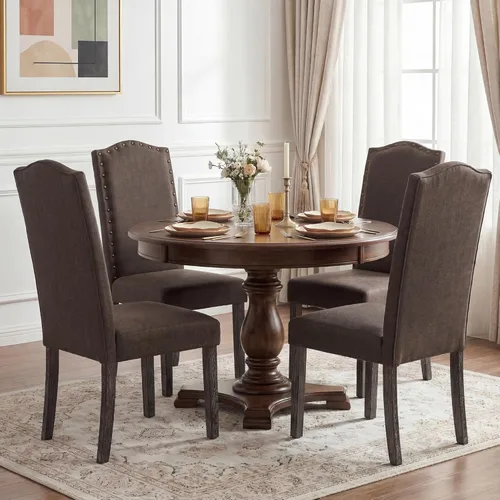 Miniatura 11 de LSSBOUGHT Juego de 2 sillas de comedor tapizadas Parsons de tela, sillas de cocina con marco de madera maciza y ribete de cabeza de clavo