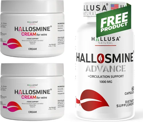 Hallusa Natural Paquete de 2 crema para piernas de hallosmina con diosmina, hesperidina y castaño de indias + Hallosmine Advance 1000 mg de