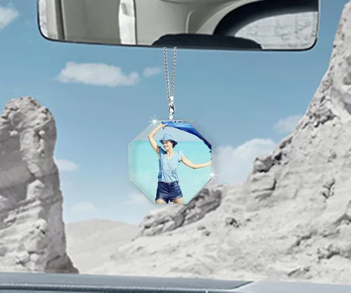 Miniatura 3 de Adorno colgante de cristal diáfano personalizado para espejo retrovisor de automóvil con foto, adorno personalizado para automóvil, decoración
