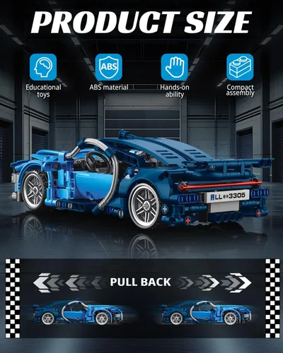 Miniatura 3 de Nueris 1:18 Technic Super Sports Cars Model Sets - 423 PCS Bloques de Construcción de Automóvil MOC Azul Juguetes de Ingeniería de Carreras - Idea