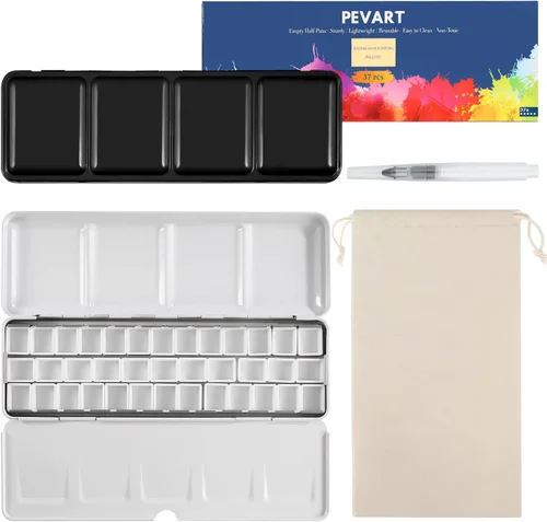 PEVART Paleta de pintura de acuarela vacía, caja de metal con 37 medias bandejas de color de agua y paleta plegable, bandeja de pintura de estaño,