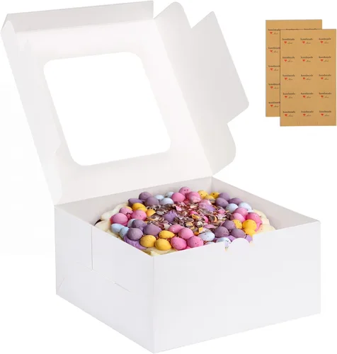 Moretoes - 24 cajas de pastel blancas de 10 x 10 x 5 pulgadas cuadradas con ventana, cajas de panadería para pasteles, Día de la Madre, repostería,