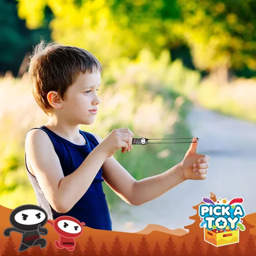 Miniatura 2 de PICK A TOY Juguetes ninja para niños y niñas, suministros de recuerdos de fiesta, ninjas voladores elásticos, 12 piezas, juguetes de tirachinas