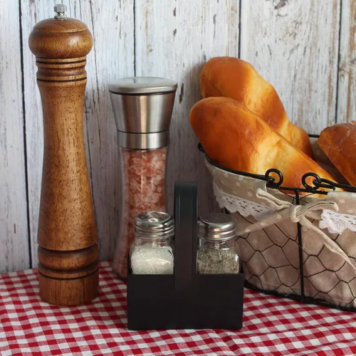 Miniatura 4 de CVHOMEDECO. Juego de saleros y pimenteros con organizador galvanizado negro, dispensadores de sal y pimienta de vidrio de granja, soporte de metal