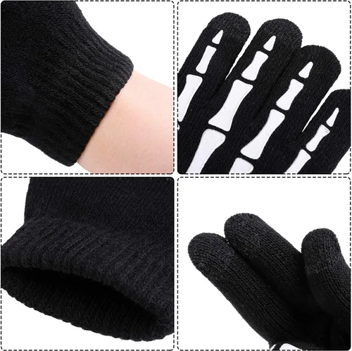Miniatura 3 de Cooraby 3 pares de guantes de esqueleto para pantalla táctil, para Halloween, que brillan en la oscuridad, guantes de hueso de calavera de dedo