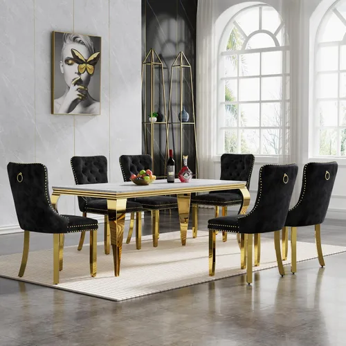 Miniatura 19 de Juego de mesa de comedor de 7 piezas con sillas, mesa de comedor de mármol sintético y sillas beige para 6, juego de mesa de comedor de oro blanco