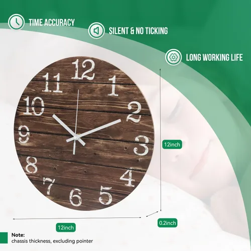 Miniatura 3 de Reloj de pared de 12 pulgadas de imitación de madera, silencioso, sin tictac, para interiores, reloj redondo marrón decorativo, rústico