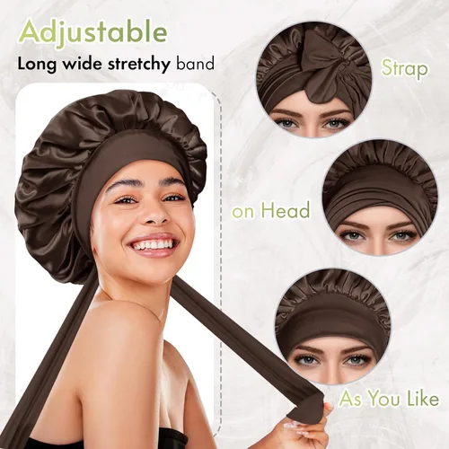 Miniatura 4 de BONNET QUEEN Gorro de seda para dormir, gorro de satén con lazo para el cabello, doble capa, para mujeres, cabello rizado, color marrón
