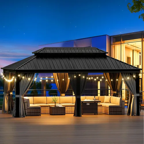 Miniatura 6 de Gazebo de techo rígido de 10 x 12 pies, cenador de aluminio para exteriores con doble parte superior de acero galvanizado, pabellón de metal