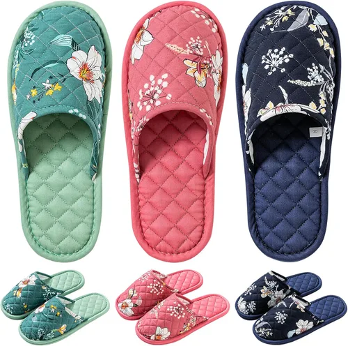 Miniatura 14 de 3 pares de zapatillas de casa florales de algodón para mujeres, zapatillas interiores de punta abierta cómodas lavables portátiles plegables