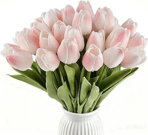 Ramo de tulipanes artificiales para novia, boda, festival, ramo de flores de poliuretano de tacto real, paquete de 20 (rosa claro)